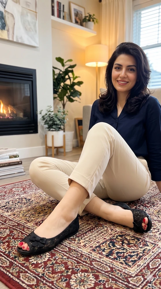 ست کردن هوشمندانه لباس خانگی طرح‌دار با روفرشی ساده در بهترین ترکیب رنگ پاپوش و لباس خانگی